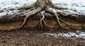 Exposed Tree Roots and Soil Profile in Winter Garden Depicting Soil Layers and Environmental Science Royalty Free Stock Photo