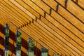 Exposed wooden rafters supporting glass roof. Open plan eco-friendly property Royalty Free Stock Photo