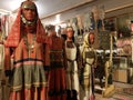 The exposition of folk costume in the ethnographic park-museum `Russian Island`. Russia, Vladimir region, village Zheludyevo