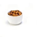 Exposition of porcelain bowl with nuts, pelled almonds, pistachios nuts and walnuts on white background.