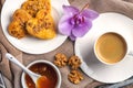 Exposition of tasty home made biscuits with cup of coffee, tasty desert.
