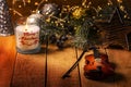 Exposition of violin and background with Christmas tree with light, very beautiful composition, the best day in the year.