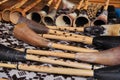 Exposure of sardinian woodwind instruments, handmade from expert artisan Royalty Free Stock Photo