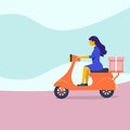 Express city delivery on scooter. Fast shipment concept. Delivery service poster with female character. Vector illustration