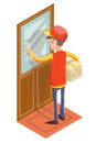 Express Courier Special Delivery Boy Man Messenger Cardboard Box Concept Knocking at Customer Door Isolated Icon Retro