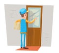 Express Courier Special Delivery Boy Man Messenger Cardboard Box Concept Knocking at Customer Door Wall Background Retro