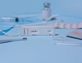 Express COVID-19 Deltacron variant strain test Schnelltest , medical mask,syringe,thermomete. Deltacron is a dangerous new Royalty Free Stock Photo