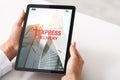Express Delivery App Interface Opened On Digital Tablet In Female Hands, Collage
