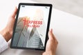 Express Delivery App Interface Opened On Digital Tablet In Female Hands, Collage Royalty Free Stock Photo