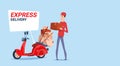 Express Delivery Asian Man Deliver Boxes With Retro Scooter Courier Service Template Banner