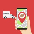 Express delivery concept. Delivery service app on mobile phone in hand. Delivery truck and mobile phone with city background.