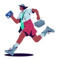 Express delivery concept. Postman with mail bag carries postal envelopes, letters. Mailman running, hurries to deliver