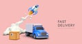 Express delivery, fast transportation. 3D truck, box, launching rocket