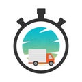Express delivery icon concept. Stop watch with truck and city ba