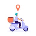 Express delivery illustration. Man courier riding scooter with parcel and a red GPS dot. Royalty Free Stock Photo