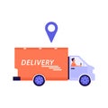 Express delivery illustration. Man courier riding van with parcels and a red GPS dot. Royalty Free Stock Photo