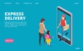 Express delivery isometric. Vector fast delivery landing page template. Courier, woman and little girl