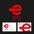 Express delivery logo. E monogram. Red letter consisted of red ribbon with arrow.