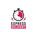 Express Delivery logo template with stopwatch and thunder bolts icons.