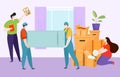 Express delivery moving new house, worker professional loader character hold refrigerator, woman package box flat vector