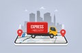 Express Delivery service design concept. Truck cargo delivery on smartphone mobile app with GPS navigation. Online courier package