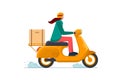 Express delivery service female courier on moped. Online fast logistic woman on motor scooter with orders parcel box