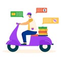 Express delivery service man ride motor scooter, shipping company document, money flat vector illustration, isolated on