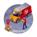 Express Delivery, special vehicle and courier vector illustration isometric icon on grey isolated background