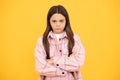 express human emotions. street autumn fashion. stubborn teen girl in pink checkered shirt. Royalty Free Stock Photo