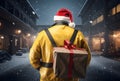 Express Shipping, courier worker delivering, shipping Christmas parcel, portrait courier