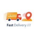 Express shipping order, truck in motion, delivery services, fast relocation, transportation and logistics, distribution concept