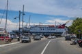 Express Skiathos Ferry boat from Hellenic Seaways company arrives at the port of Skiathos island, Greece