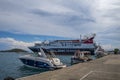 Express Skiathos Ferry boat from Hellenic Seaways company arrives at the port of Skiathos island, Greece