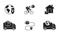 Express Transportation Silhouette Icon Set. Worldwide Shipping Glyph Pictogram. Bike Delivery To Home Solid Sign. Box