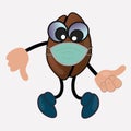 Masked cartoon coffee bean. It expresses its displeasure with its thumb down. Safety and precautions concept. Protect