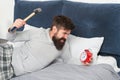 Expressing anger. need more relax in bed. bearded man hipster want to sleep. hate noise of alarm clock. Stages of sleep