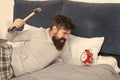 Expressing anger. need more relax in bed. bearded man hipster want to sleep. hate noise of alarm clock. Stages of sleep