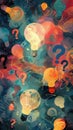 Expression of ideas through abstract illustration a canvas of curiosity filled with colorful question marks and lightbulbs Royalty Free Stock Photo