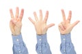 Expression of the number of digits using the fingers of a man`s hand on a white background