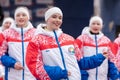 Expression performance of pretty girls of dance group in clothes with symbols of Russia