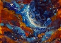Expressionism abstract hand draw painting big moon blue planet in red clouds