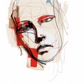 Expressive Androgynous Face Portrait In Red Pencil Drawing Royalty Free Stock Photo