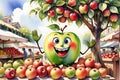 Expressive Apple: Watercolor Illustration of an Anthropomorphic Apple with Expressive Eyes and Tiny Limbs, Posed with Playful