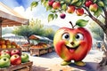 Expressive Apple: Watercolor Illustration of an Anthropomorphic Apple with Expressive Eyes and Tiny Limbs, Posed with Playful