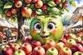 Expressive Apple: Watercolor Illustration of an Anthropomorphic Apple with Expressive Eyes and Tiny Limbs, Posed with Playful