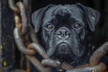 Expressive Black Boxer Dog Gazing Through Rusty Metal Chains, Close Up Pet Portrait, Animal Emotions Royalty Free Stock Photo