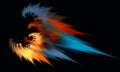 Expressive bright attractive poster illustrating abstract colorful 3d smudges of red blue yellow orange feathers, flames or fur