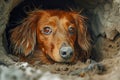 Expressive Brown Dachshund Dog Peering Out From a Sandy Cave with Bright Blue Eyes and Thoughtful Gaze