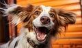 Expressive Brown and White Spaniel Dog with Flapping Ears and Joyful Gaze against a Vibrant Coral Background Portrait of Canine