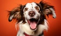 Expressive Brown and White Spaniel Dog with Flapping Ears and Joyful Gaze against a Vibrant Coral Background Portrait of Canine